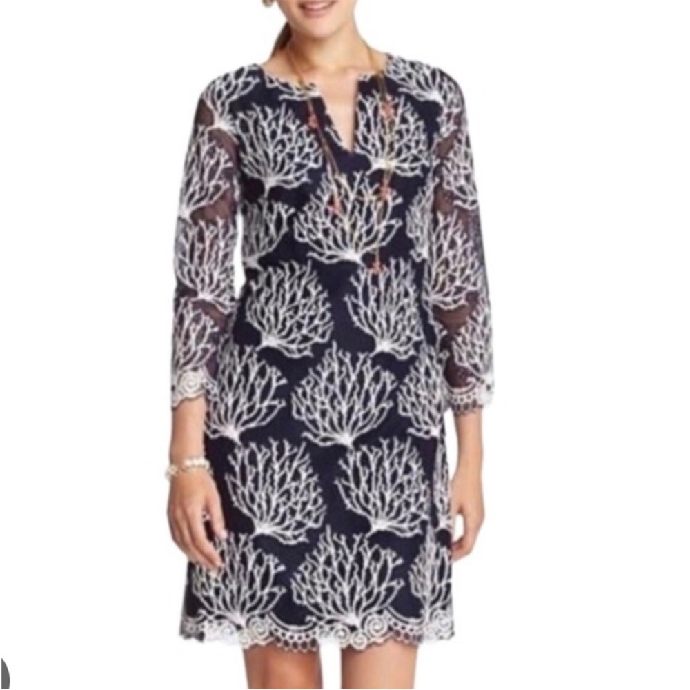 Lilly Pulitzer Seaside Nautical Coral Reef 3/4 Sleeve Navy White Dress